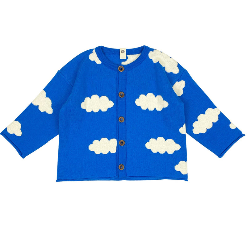A blue cardigan with white cloud patterns and dark coconut buttons designed for babies or toddlers.