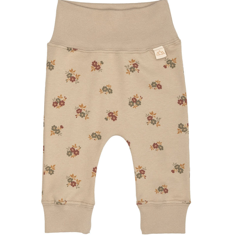 Infant leggings with a floral print in beige, khaki, curry, london brick, and silver green colors, featuring a waistband and ribbed cuffs.