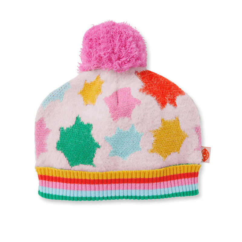 Colorful knit beanie with star patterns and a pink pom-pom on a white background