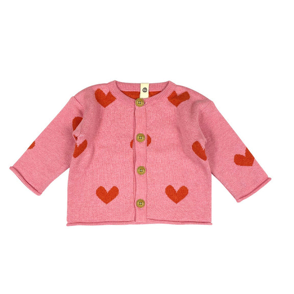 Pink baby jacket with heart patterns on a white background