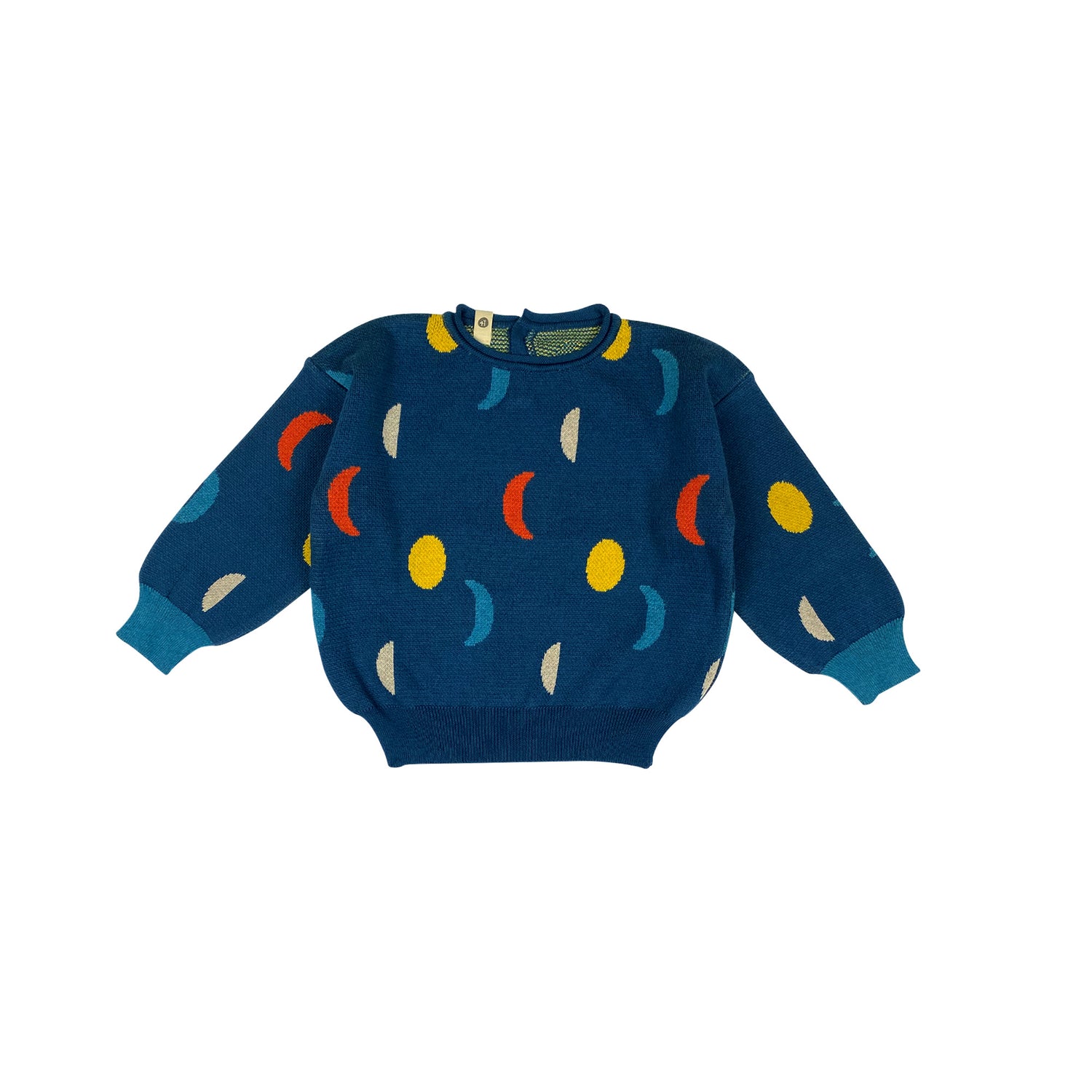 Blue sweater with colorful abstract patterns on a white background